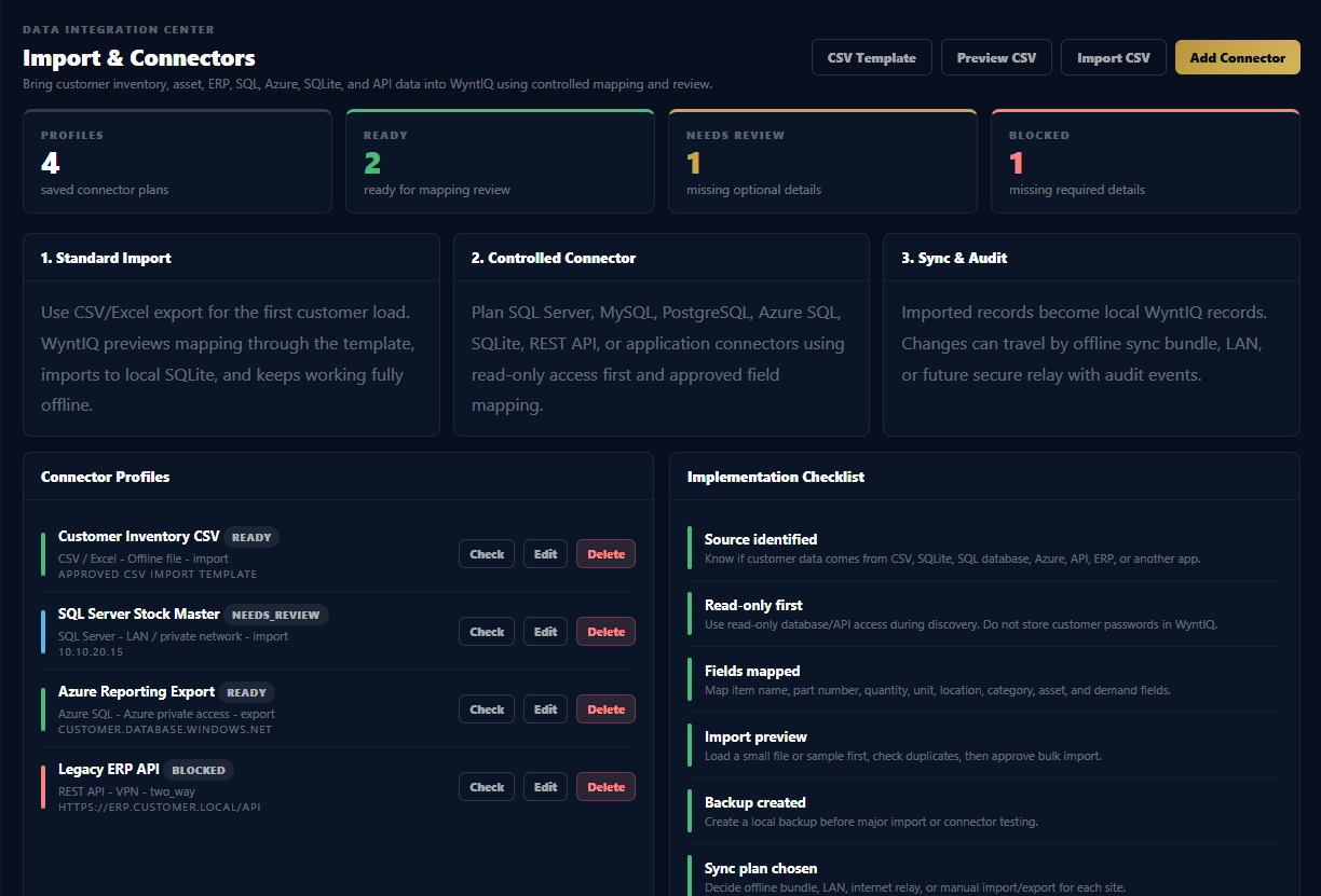 WyntIQ integration center screenshot